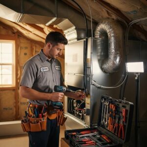 HVAC technician installing a modern HVAC system in a residential setting