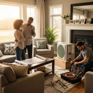Family preparing for HVAC installation with tools and equipment in a cozy living room